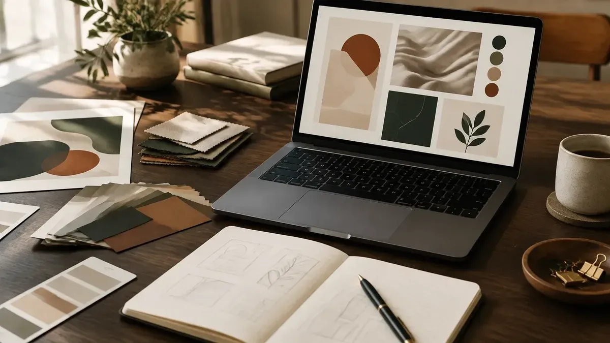 Brand strategy materials and a laptop on a creative studio desk