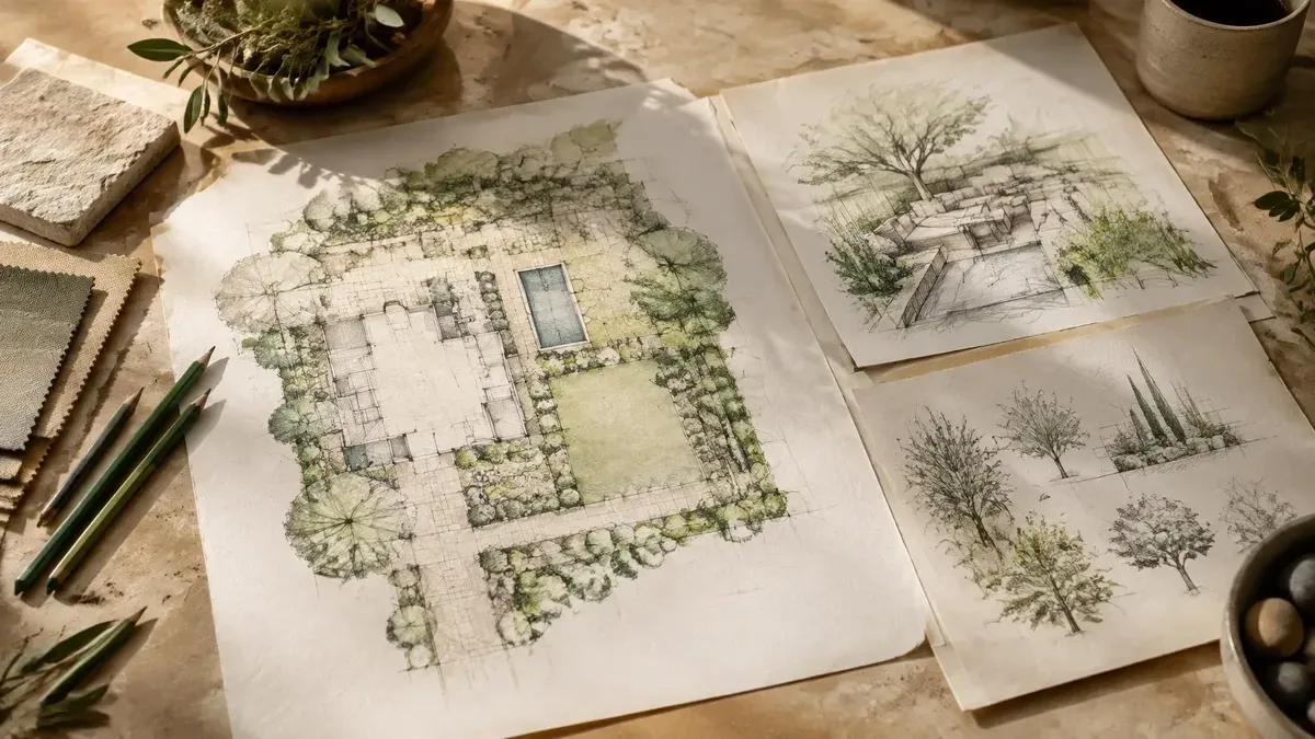 Landscape plan with planting sketches and material samples on a table