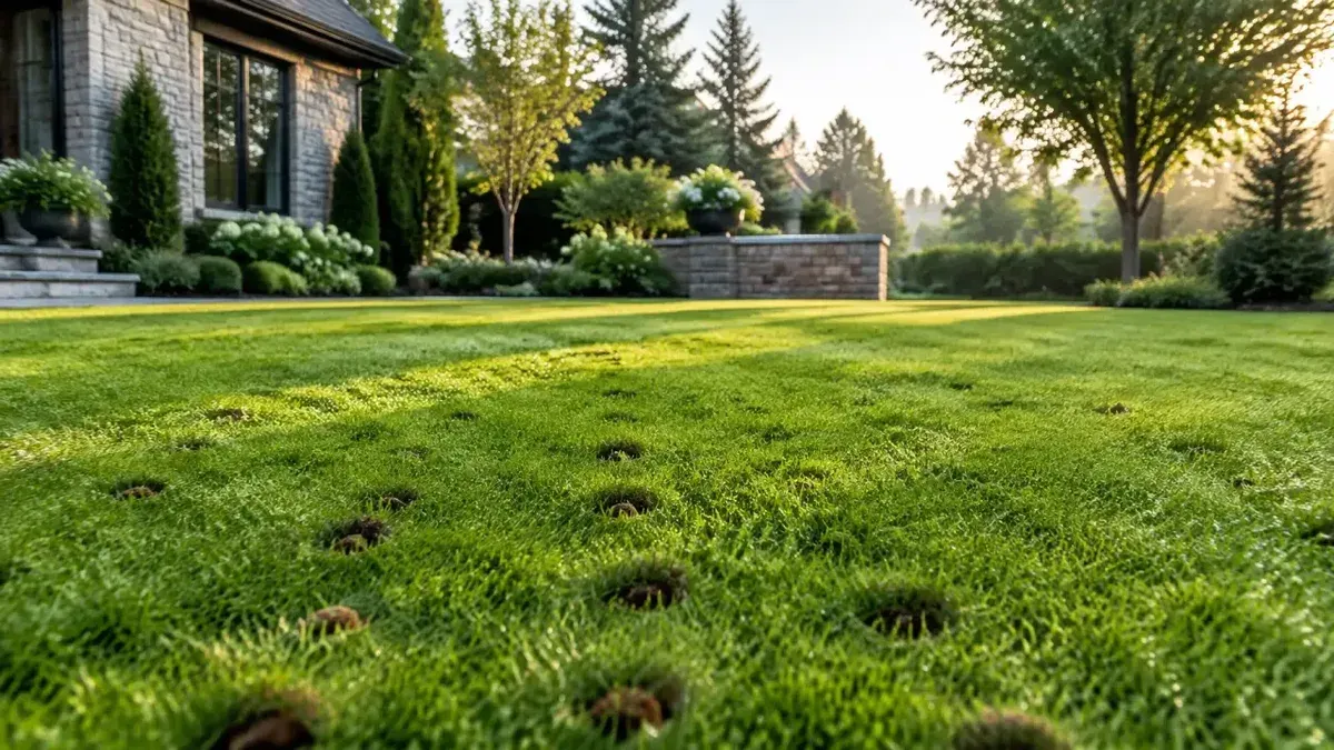 A carefully maintained residential lawn bordered by planting beds