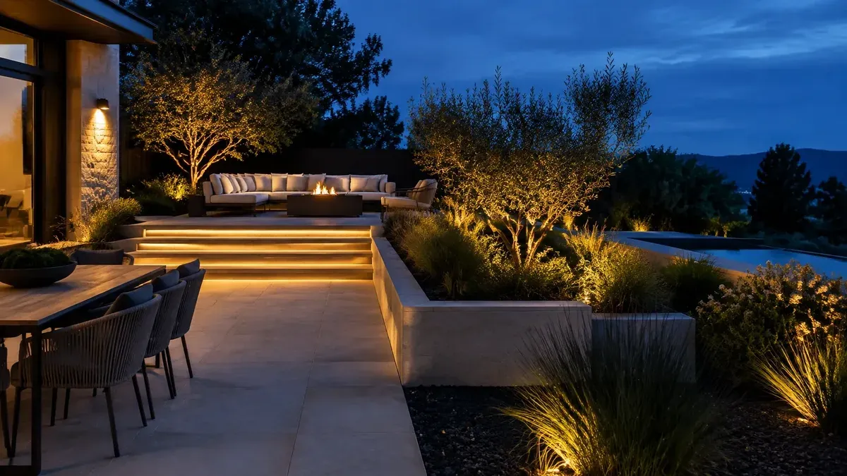 Contemporary patio and planting beds illuminated at blue hour