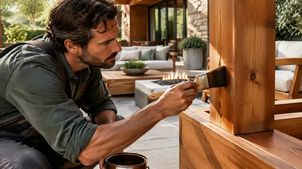 A craftsperson painting cedar details on a residential outdoor space